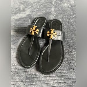 Tory Burch Everly Backless Flat Thong Women's Black Calf Leather Sandal Size 9M